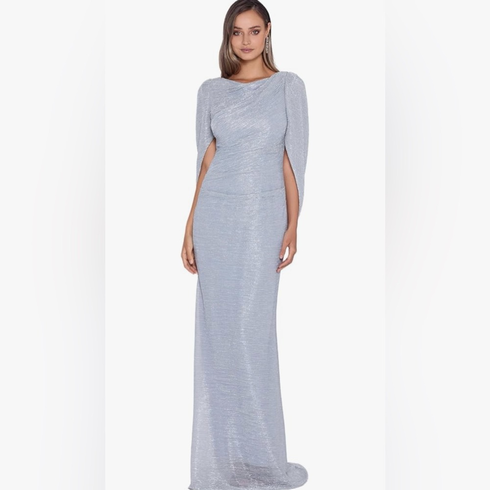 Betsy & Adam metallic cape formal dress
